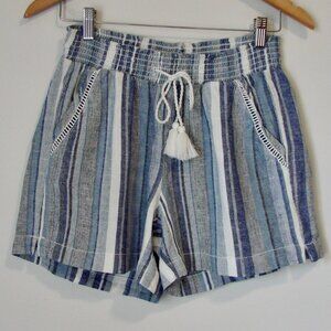 Linen Blend Shorts Blue White Striped Coastal Beach Elastic Waist Size Small